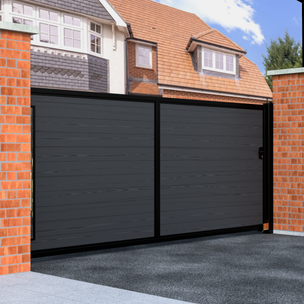 Flat Top Sliding Composite Driveway Gate With Glass Insert