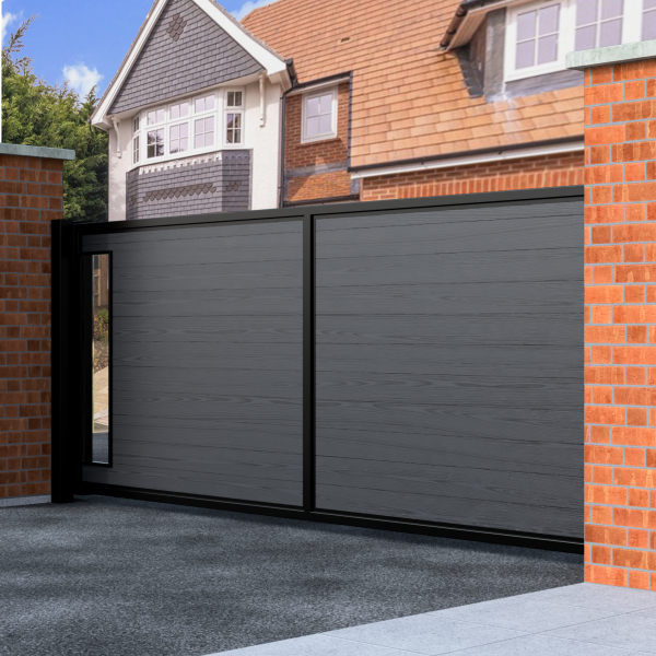 Flat Top Sliding Composite Driveway Gate With Glass Insert