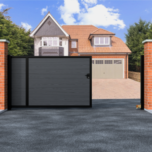 Flat Top Sliding Composite Driveway Gate With Frosted Glass