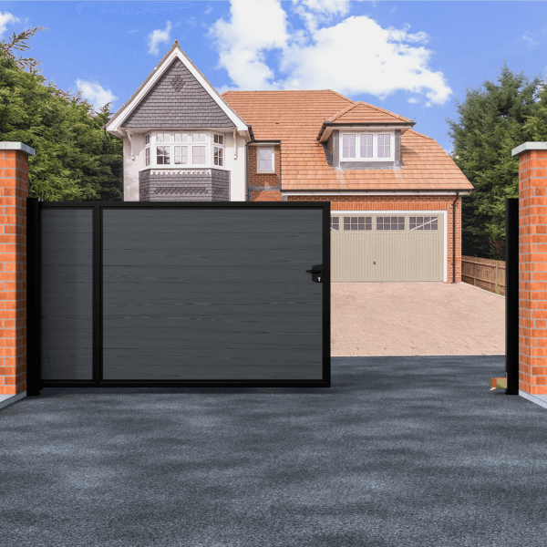 Flat Top Sliding Composite Driveway Gate With Frosted Glass