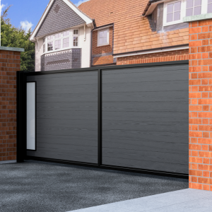 Flat Top Sliding Composite Driveway Gate With Frosted Glass