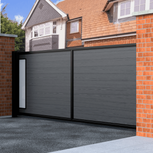 Flat Top Sliding Composite Driveway Gate With Frosted Glass