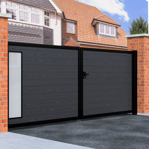 Flat Top Swing Composite Driveway Gate With Frosted Glass