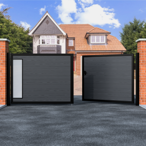 Flat Top Swing Composite Driveway Gate With Frosted Glass Insert