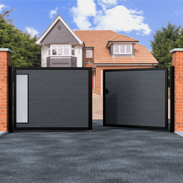 Flat Top Swing Composite Driveway Gate With Frosted Glass
