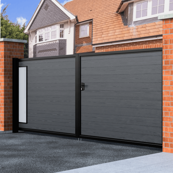 Flat Top Swing Composite Driveway Gate With Frosted Glass
